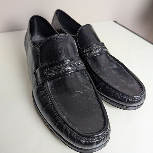 Men's Florsheim Como Flat Strap Loafers, Black Leather, Size 11 - Picture 2 of 9